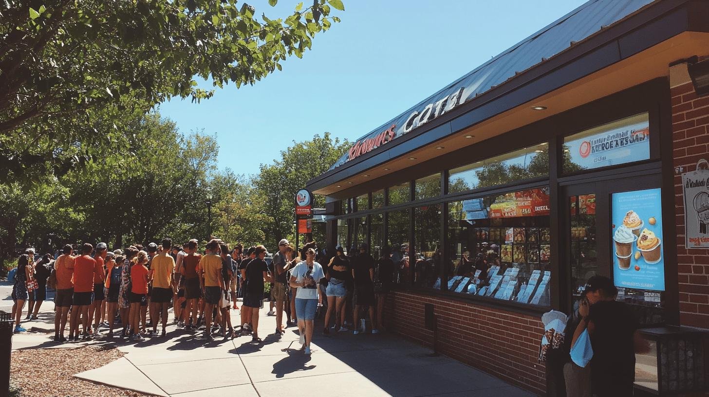 A crowd gathered outside a cafe as part of a Corporate Social Responsibility event.