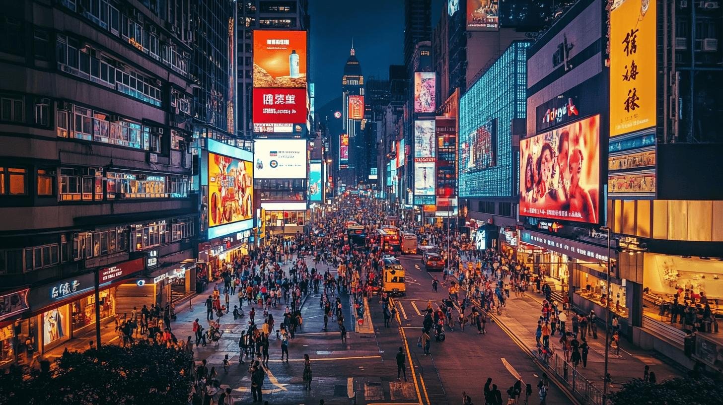 Busy city street at night with bright billboards and crowds, symbolizing modern challenges to traditional family values.