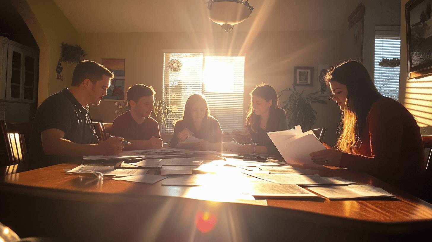 A family sitting at a table working together, illustrating the dynamics of family business in a collaborative setting.