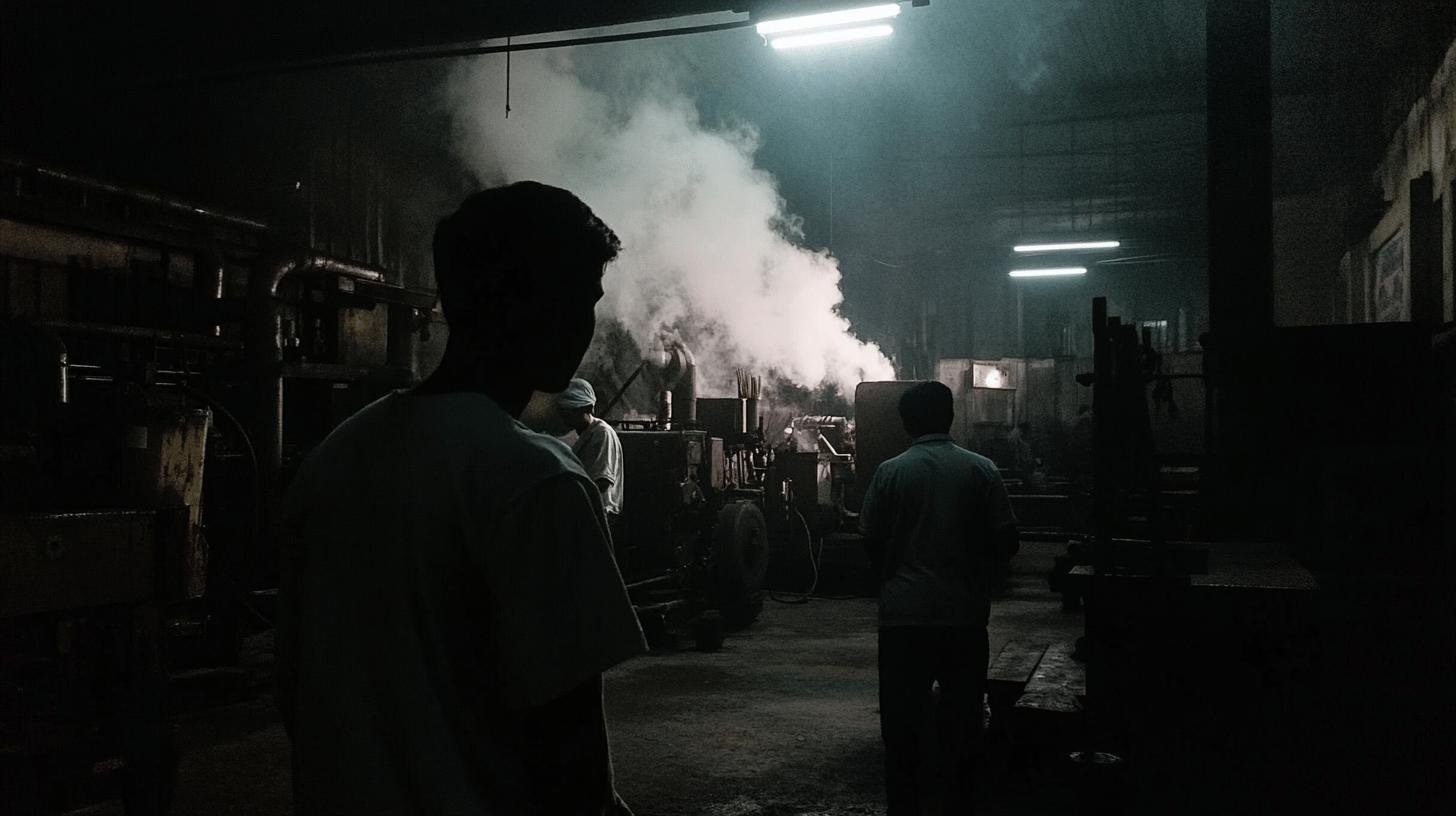 Dimly lit factory scene representing challenges of Laissez-Faire Economics in industrial settings.