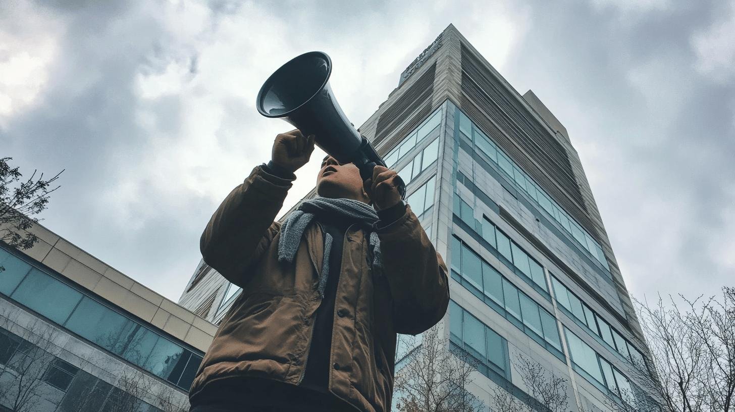 Person holding a megaphone in front of a building, symbolizing that freedom of speech is important for society.