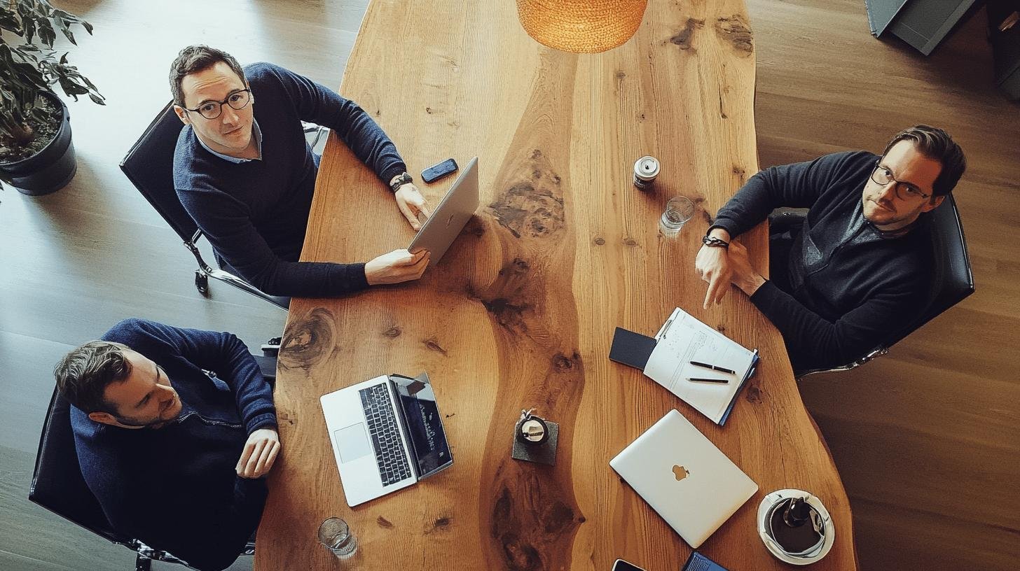 Three individuals in a business meeting around a large wooden table, representing a family-run business.