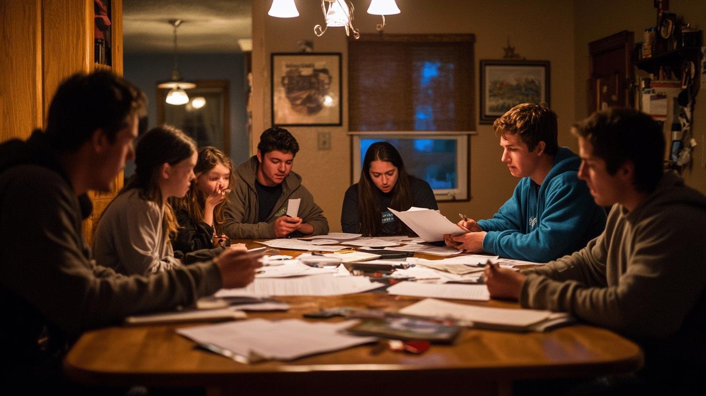 Family discussing paperwork around a table for their family-owned franchise.