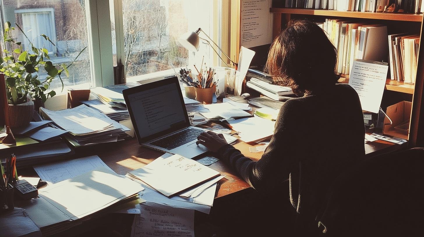 Solo Entrepreneur working on a laptop at a cluttered desk by a window.