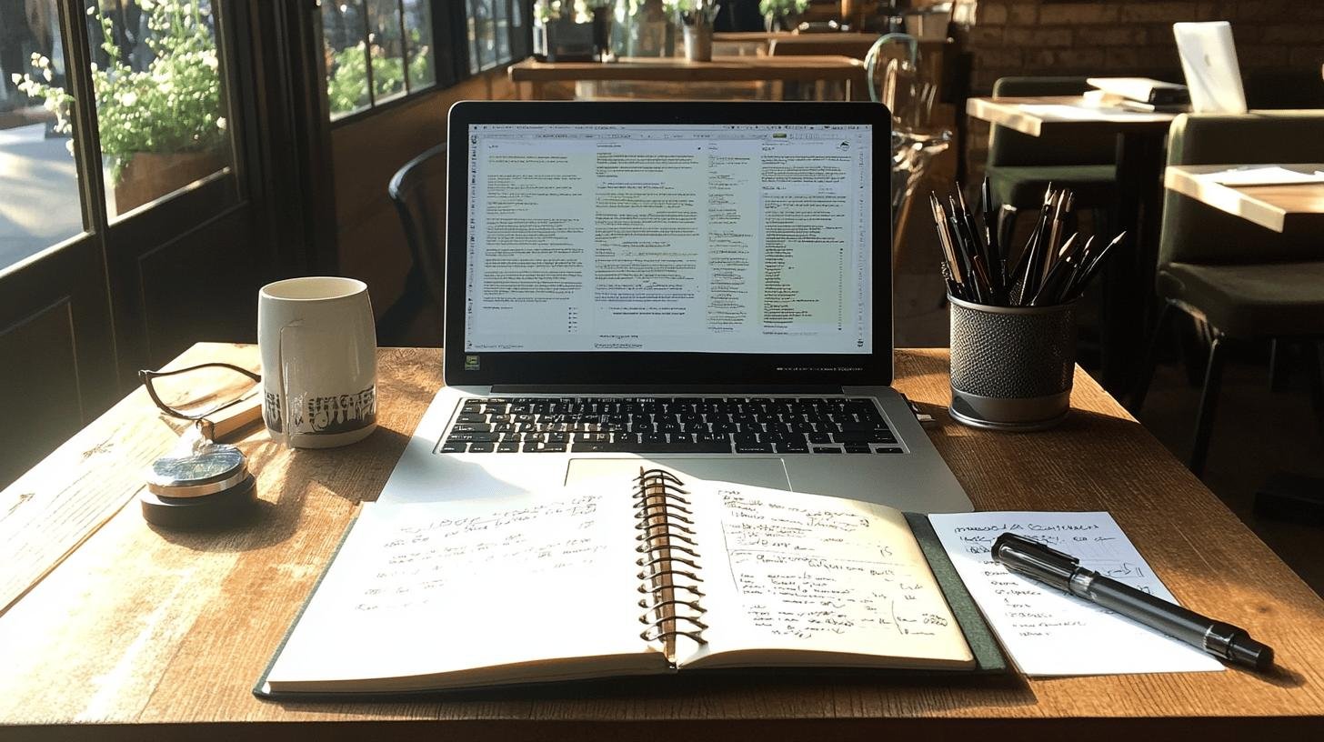 Laptop and notebook on a cafe table, illustrating planning and decision-making – Startup vs Small Business.