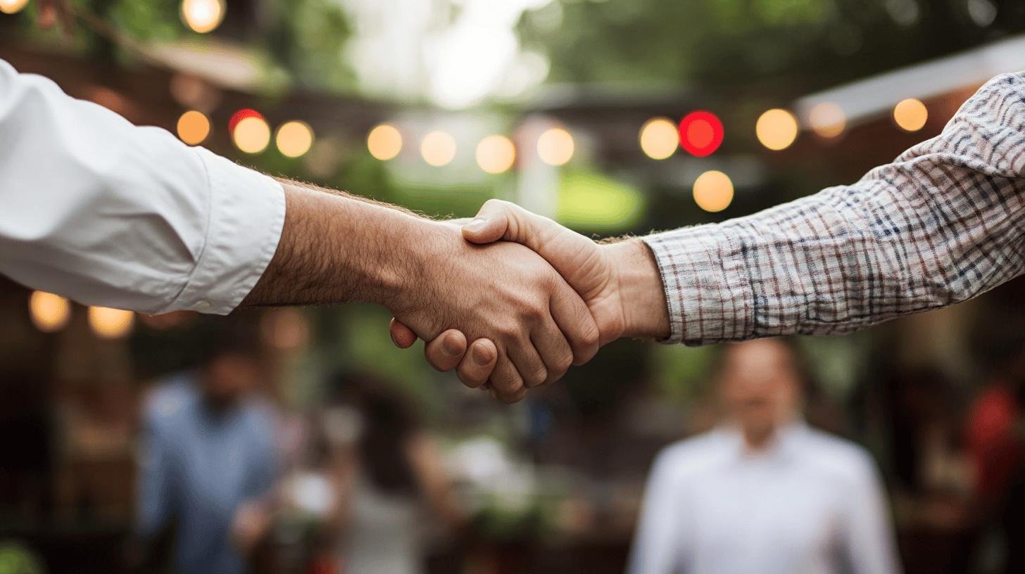 Handshake between two people, symbolizing partnership in Small Town Businesses That Thrive.