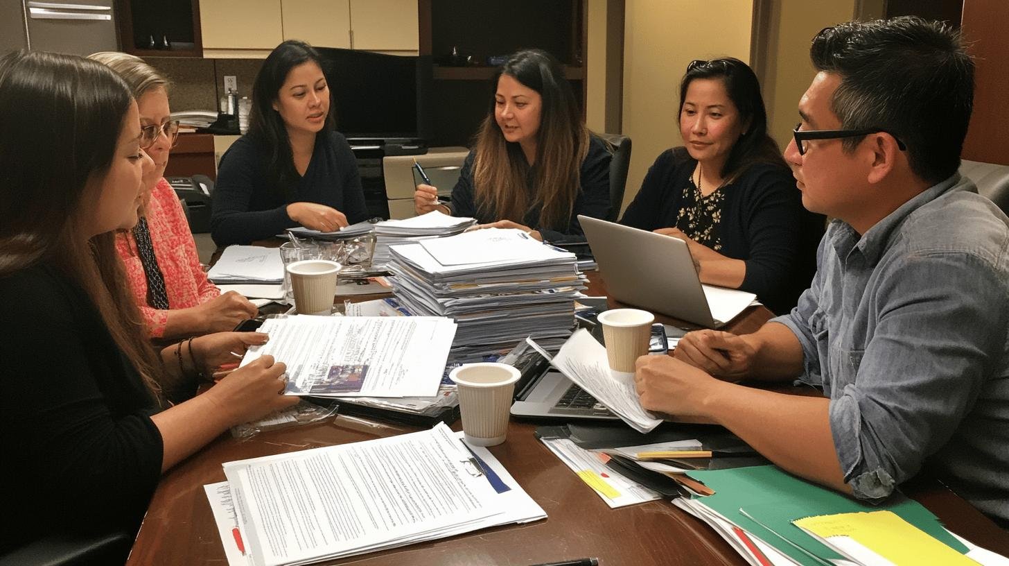 A group of people discussing documents around a table, representing a family-run business.