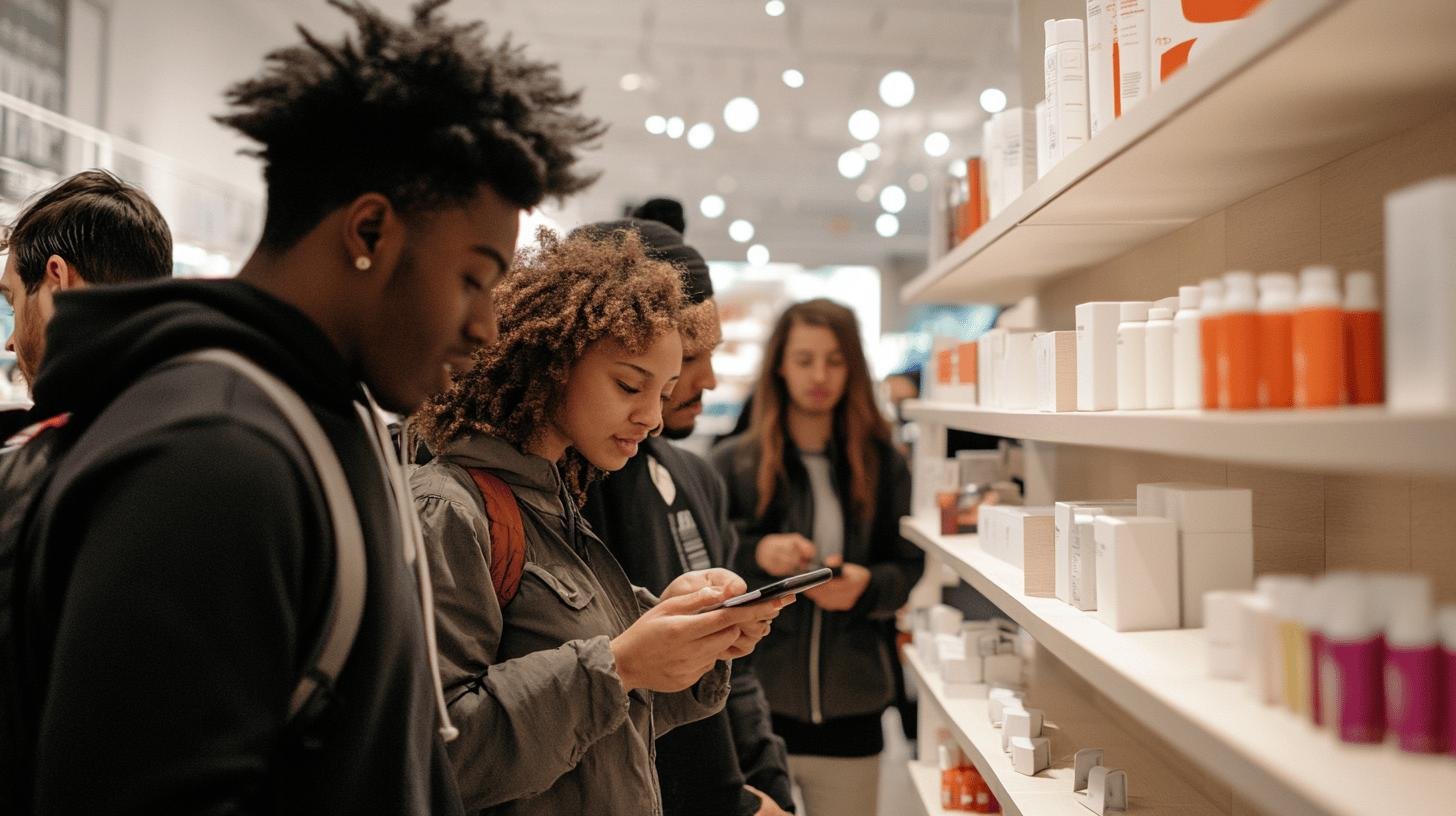 a group of people looking at a phone at a store - Consumer sovereignty and dollar votes