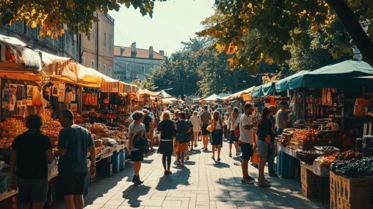 a group of people walking down a street with a market - Consumer sovereignty and competition