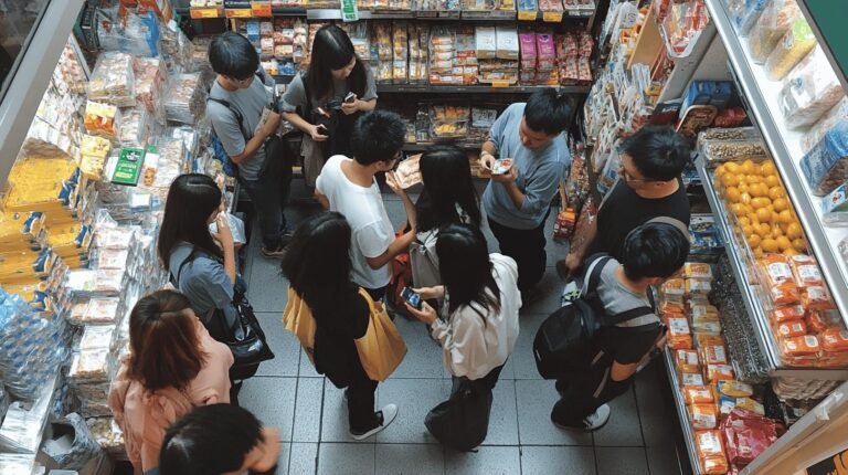 a group of people standing in a grocery store - Consumer sovereignty and dollar votes