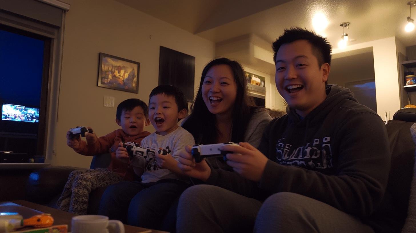 Family smiling and playing Family Friendly Video Games together on a console.