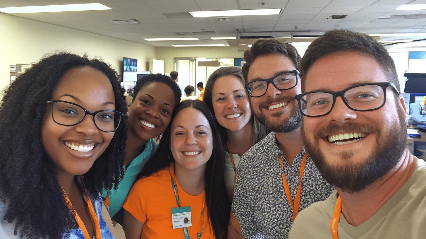 Smiling team of diverse employees representing companies that give back.