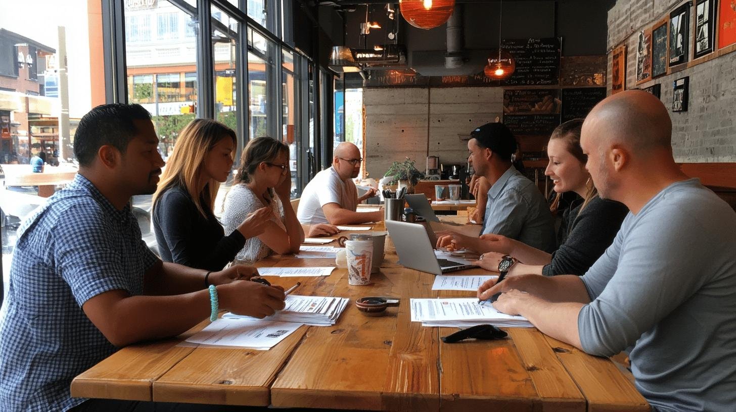 Group brainstorming ideas to determine what makes a product unique and competitive in a casual meeting space.