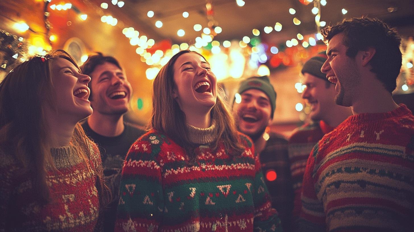 Friends celebrating in festive sweaters, showing ways to give back to the community this Christmas.