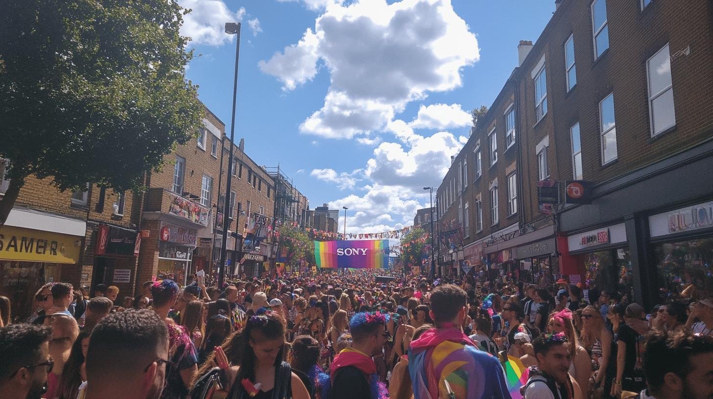 Crowd gathered on a street for Pride Events with a rainbow banner.