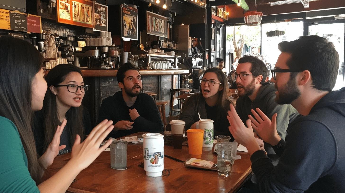 Group of people engaged in a lively discussion at a coffee shop, representing diverse perspectives on woke government meaning. 