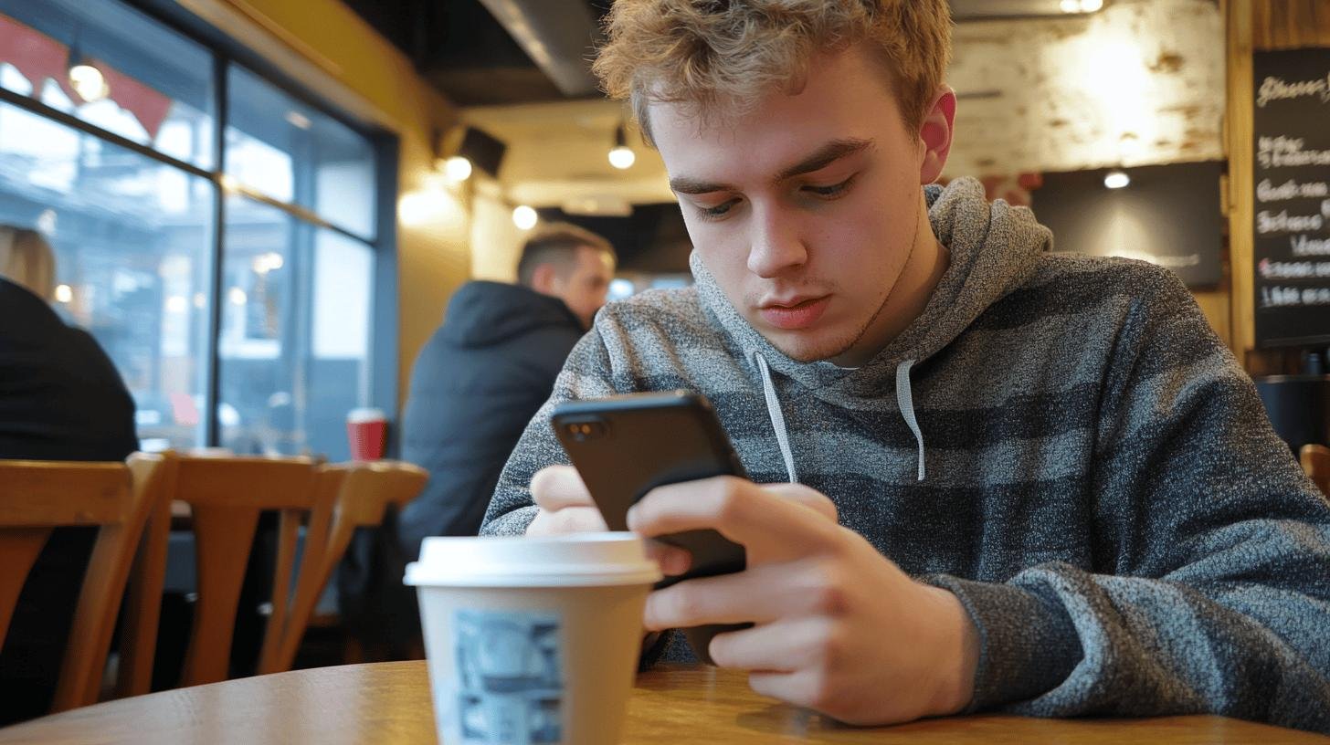 Young man using smartphone in a cafe, illustrating Virtue Signalling in Advertising discussions online.