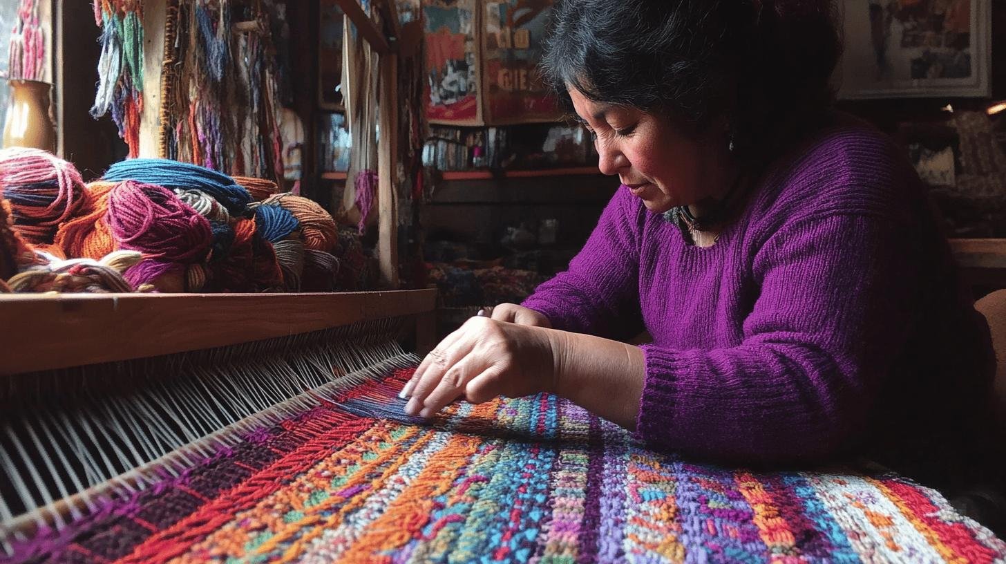 Artisan weaving colorful fabric, highlighting cultural preservation—Buying Local Sustainable and Beneficial.