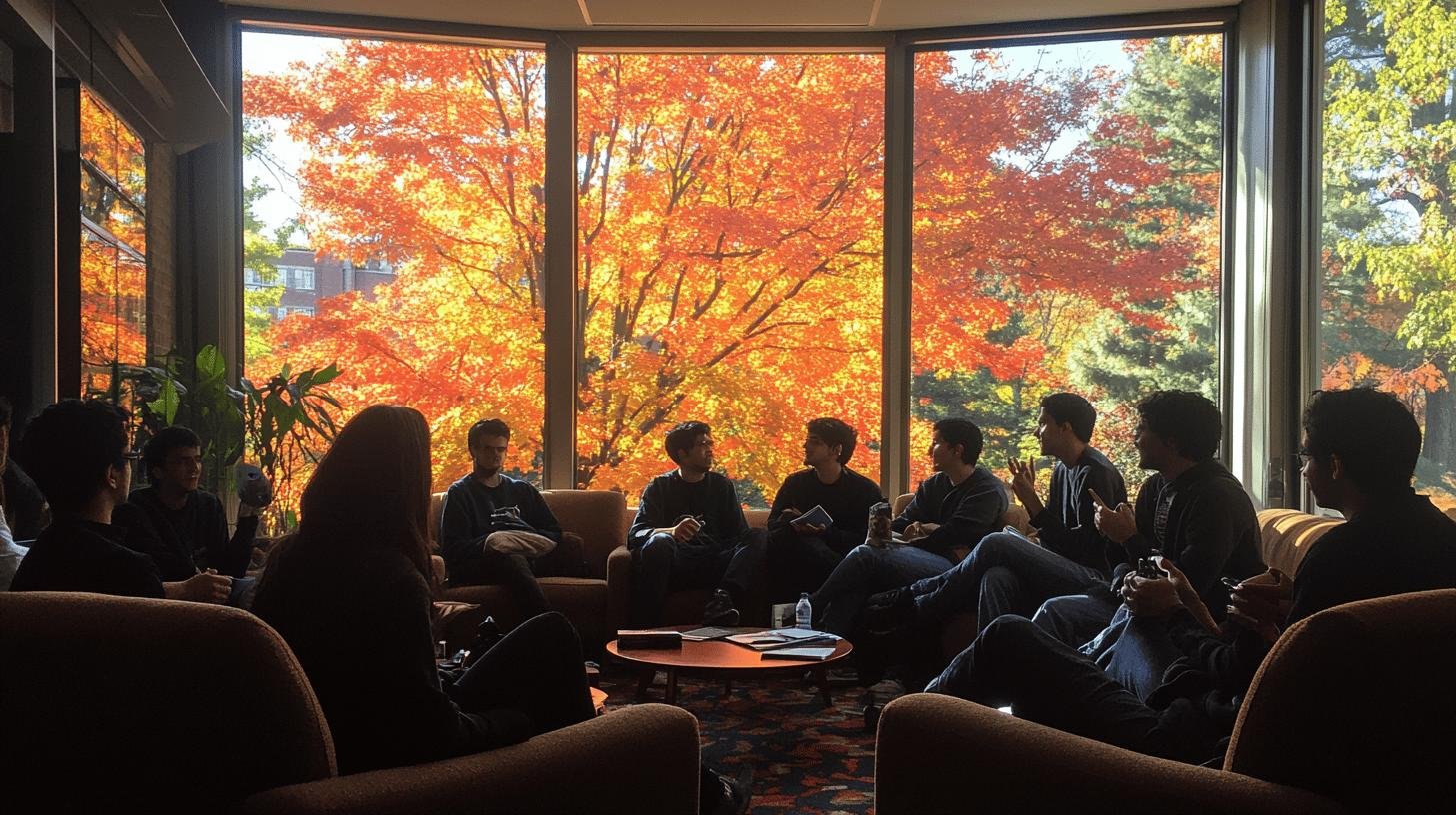 A group discussion in a room with autumn trees outside, reflecting on how freedom of speech has changed through time.