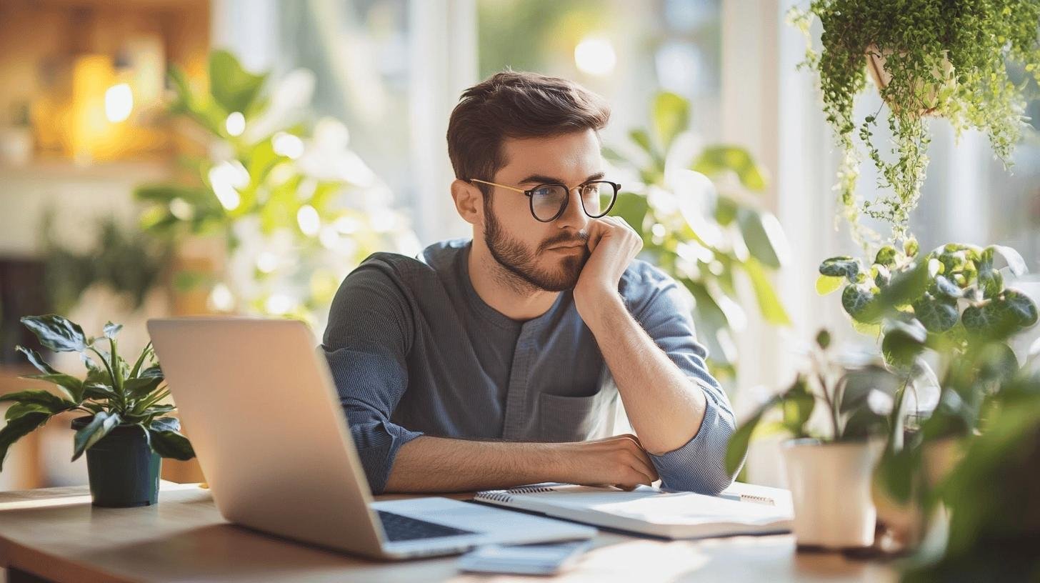 Entrepreneur vs Solopreneur – A thoughtful man sitting at a desk with a laptop and plants in the background, considering options.