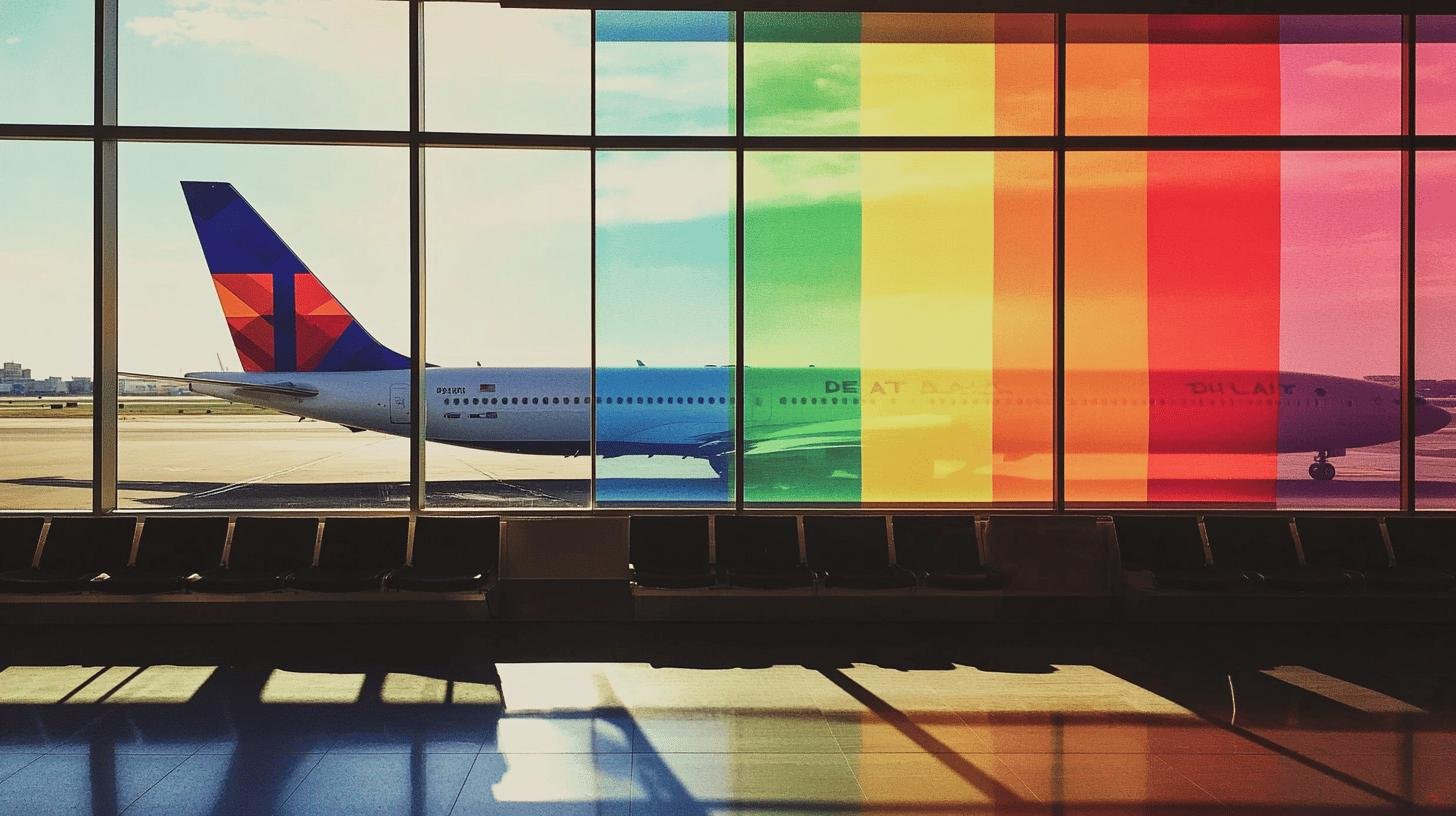 airplane with Pride rainbow on airport window - Delta Supports LGBTQ+ Inclusion