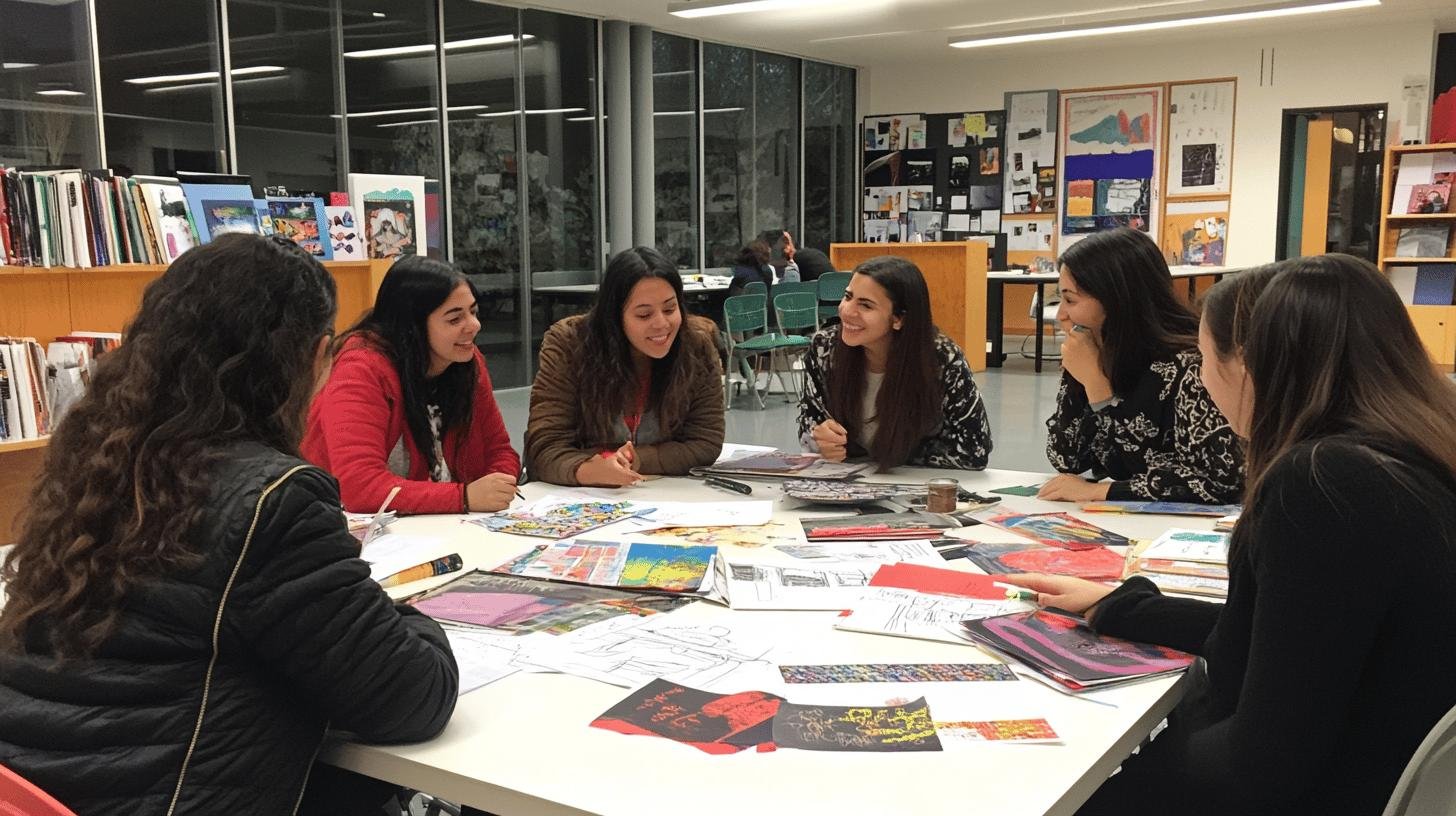 Group of students discussing ideas around Freedom of Speech vs Expression at a library table.