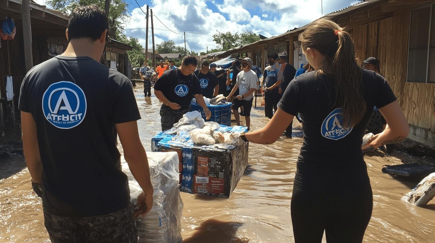 Volunteers distributing supplies in a flood-affected area, showcasing AT&T Give Back to the Community efforts.