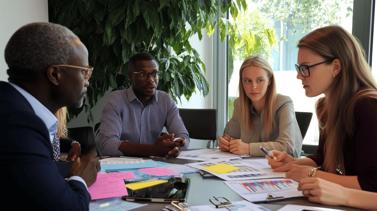 A diverse group of professionals in a meeting discussing Corporate Social Responsibility.