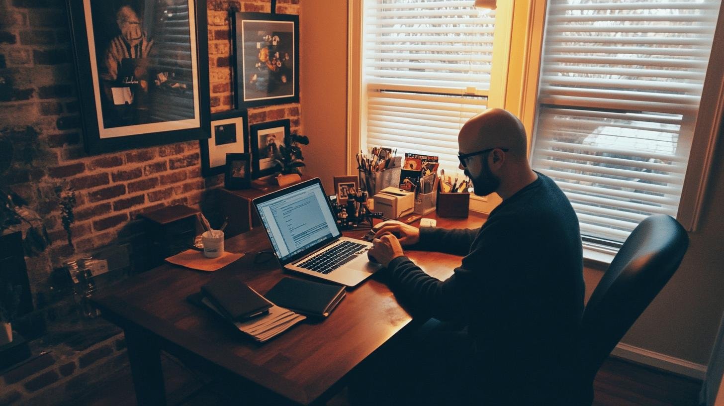 A man working on a laptop in a home office, representing the technology required for small business operations.