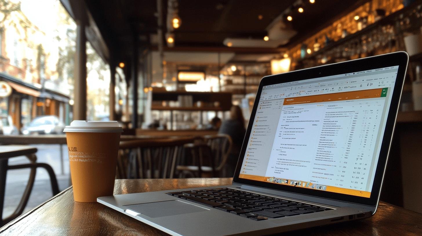 Laptop with marketing software in a cafe, showcasing Digital Tools for Independent Business Success.