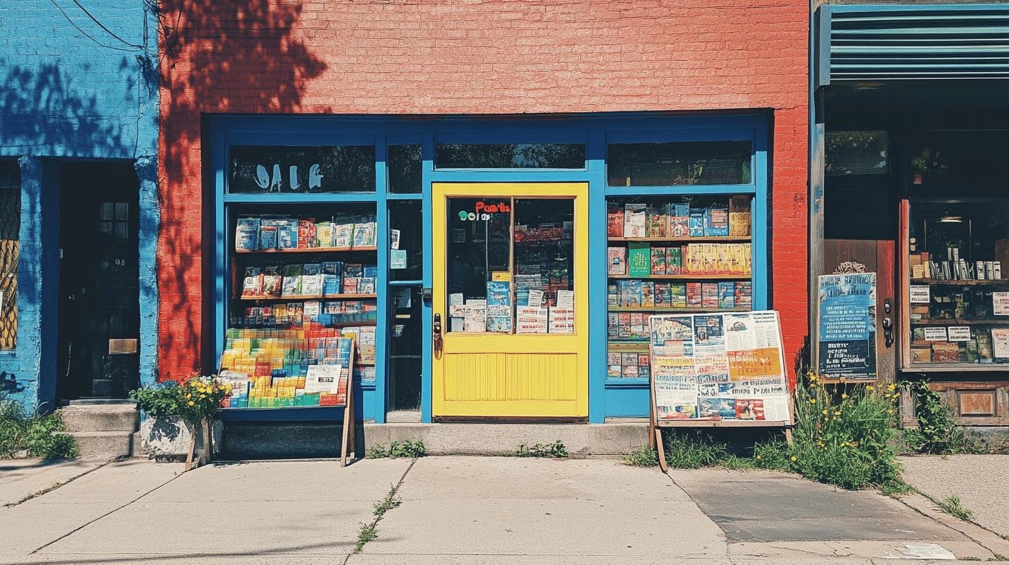 Colorful storefront with promotional signs and products on display, showcasing methods to attract local customers.