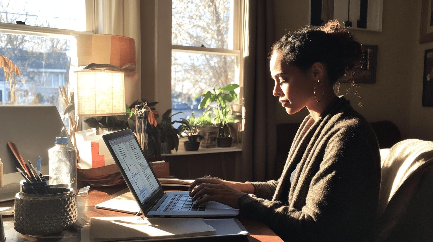 Young professional working on a laptop in a cozy home office, exploring low-cost marketing ideas.