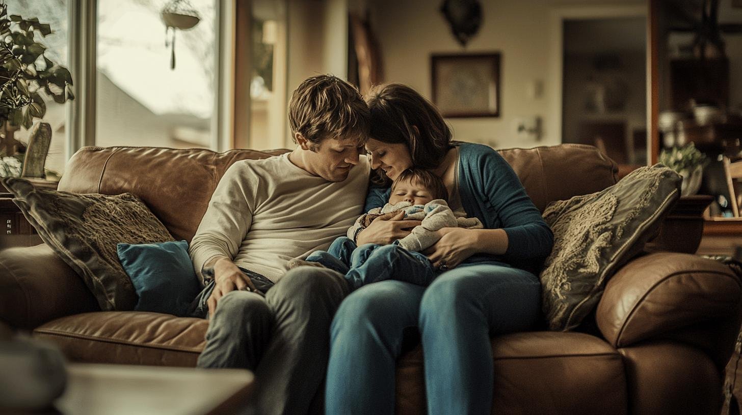 A family sitting on a couch, embracing their newborn, illustrating the nurturing roles of the family in society.