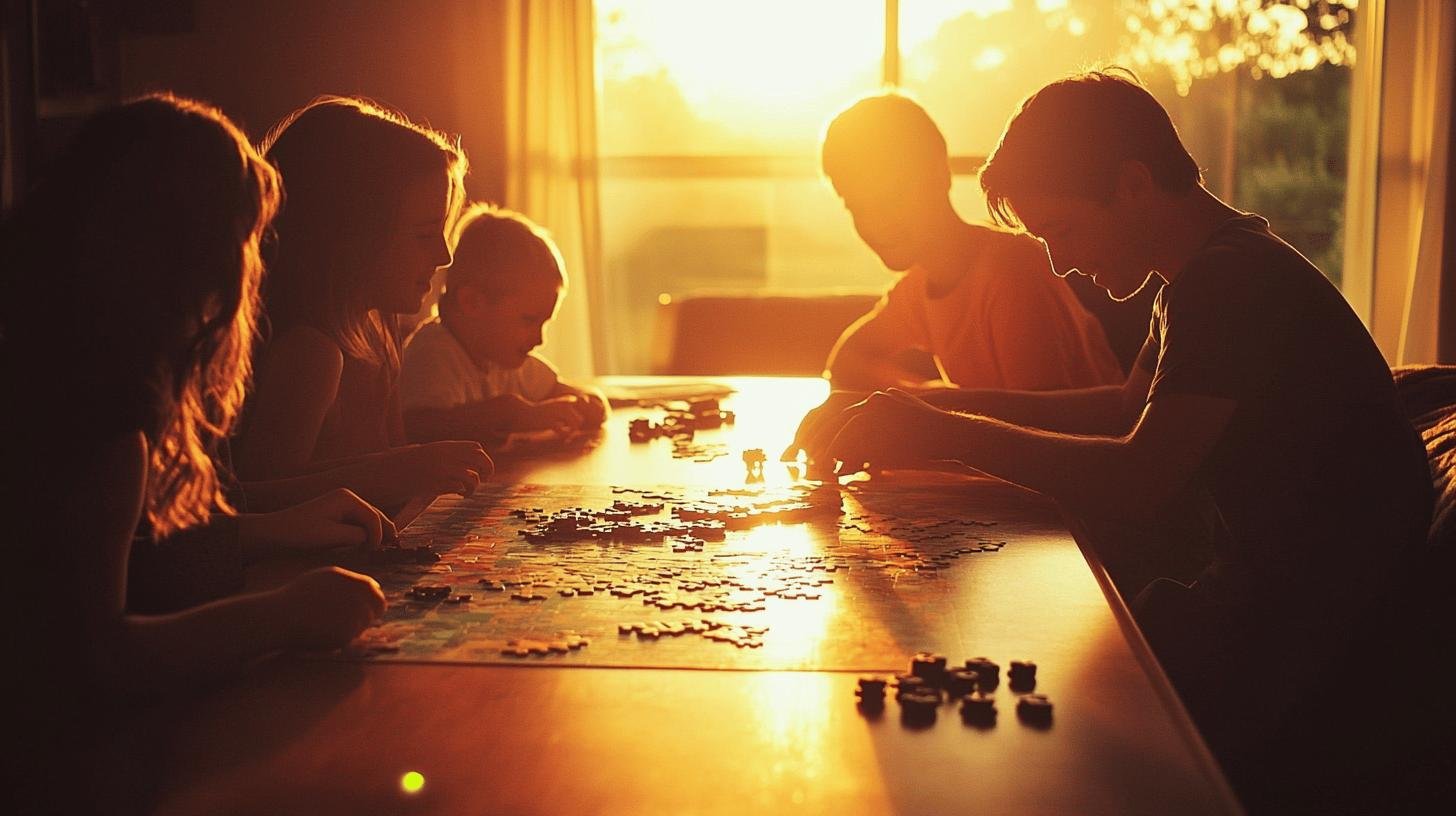 Family playing a board game together at sunset – Family Friendly Activities at Home.