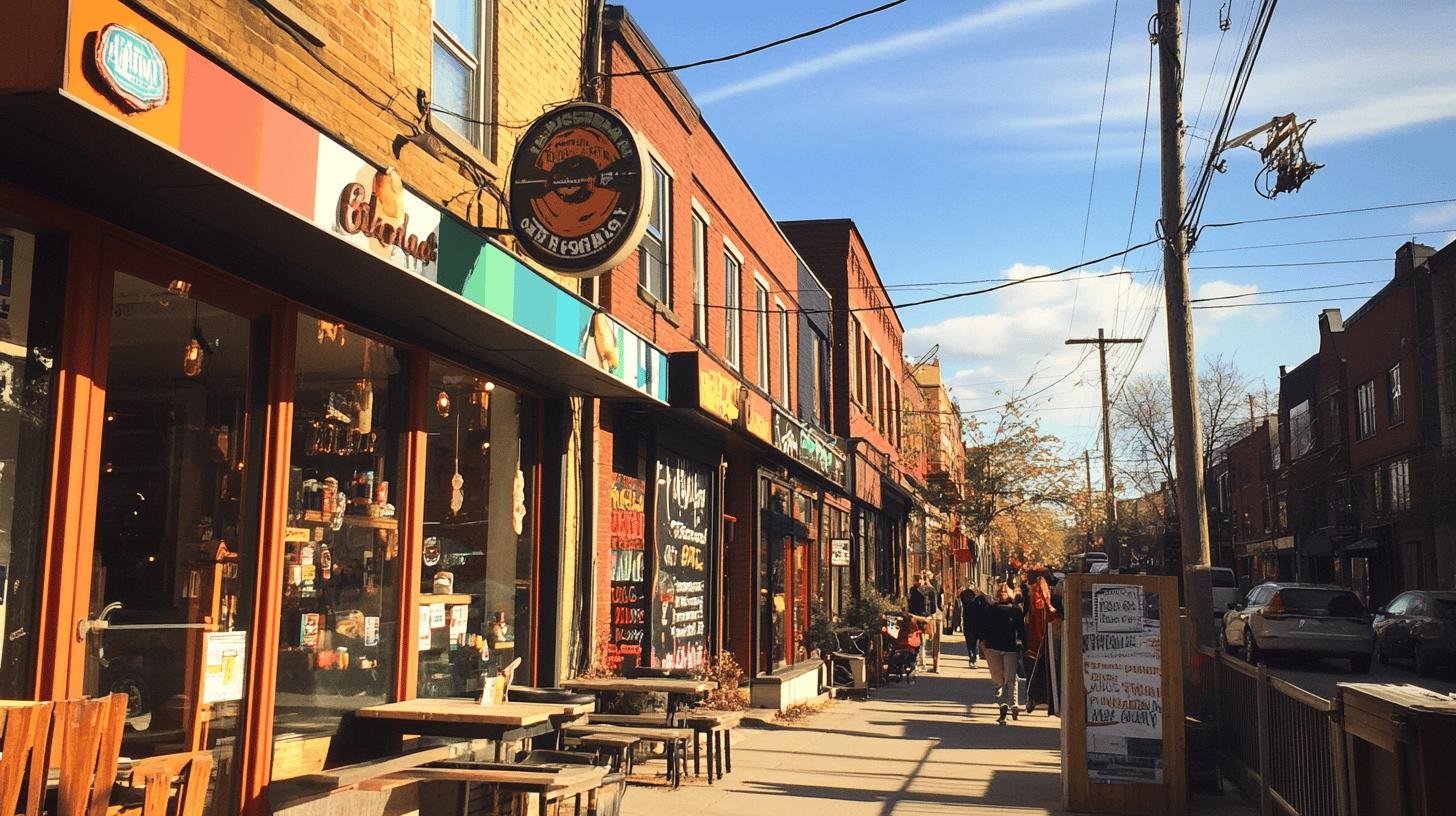 Street view of small local businesses with people walking, showcasing Local Marketing for Small Businesses.