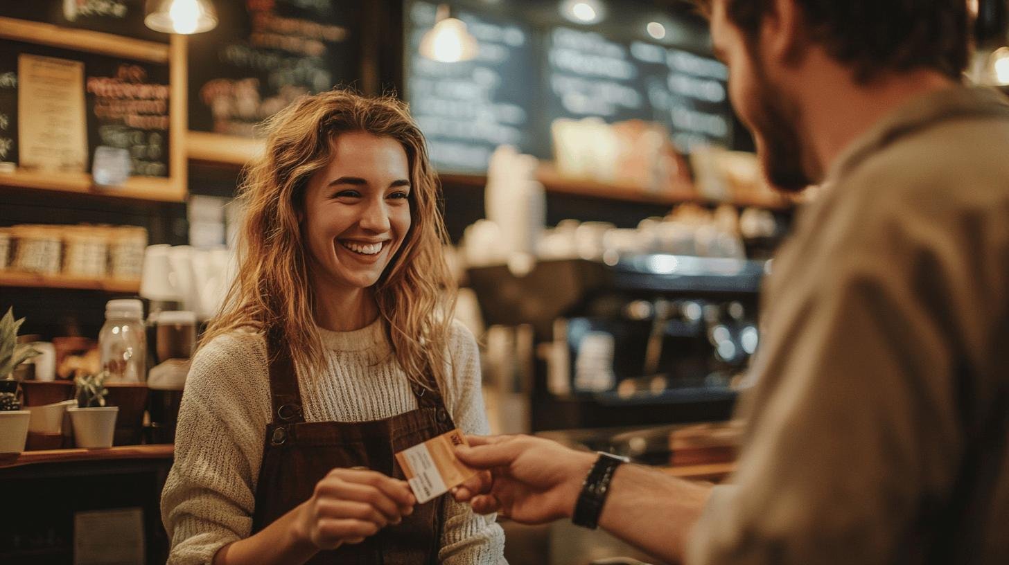 Smiling barista handing a card to a customer, illustrating how to Promote Your Business Locally through personal connections.