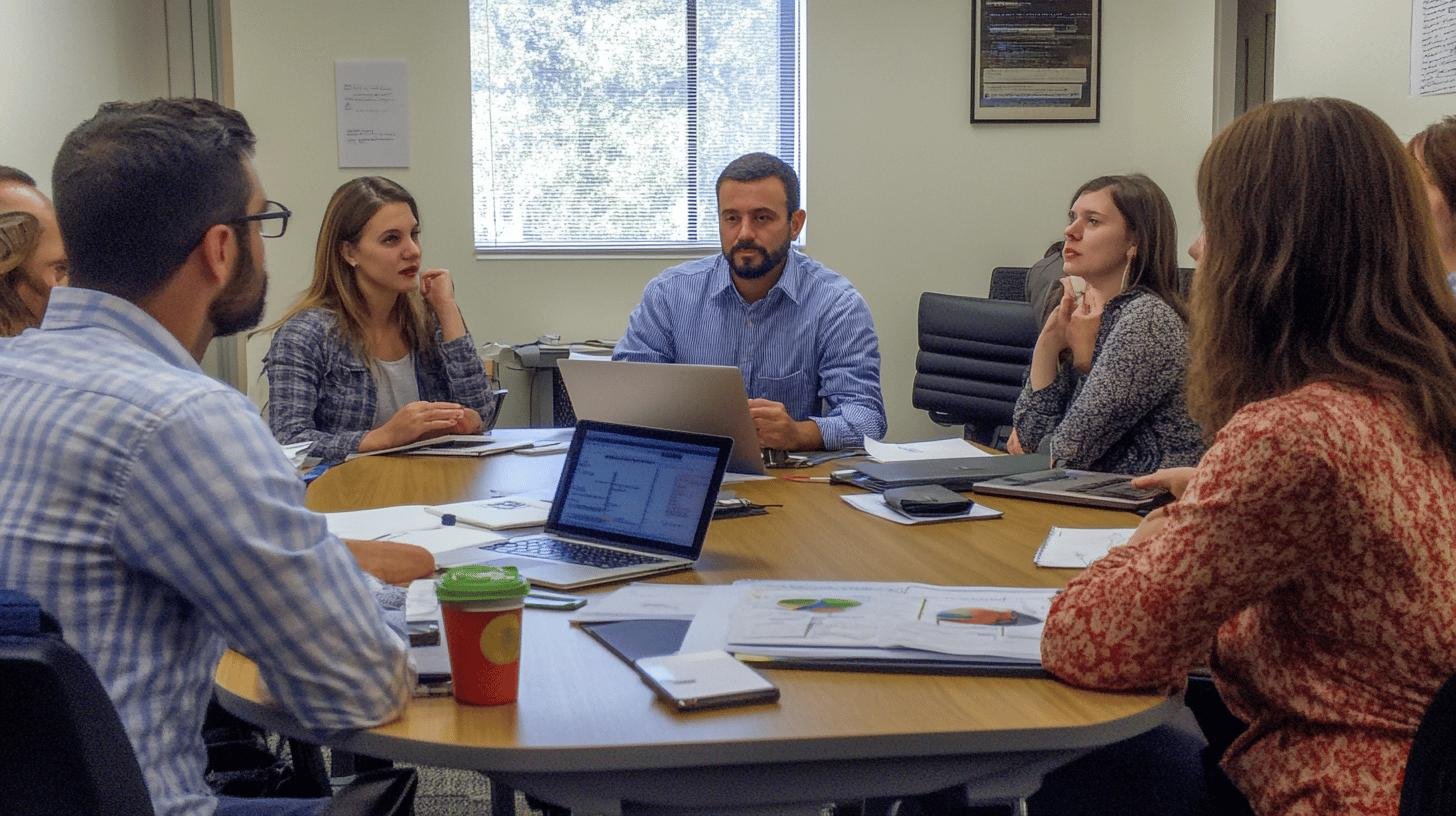 Team discussing ethical decision-making and Social Responsibility in Business around a conference table.