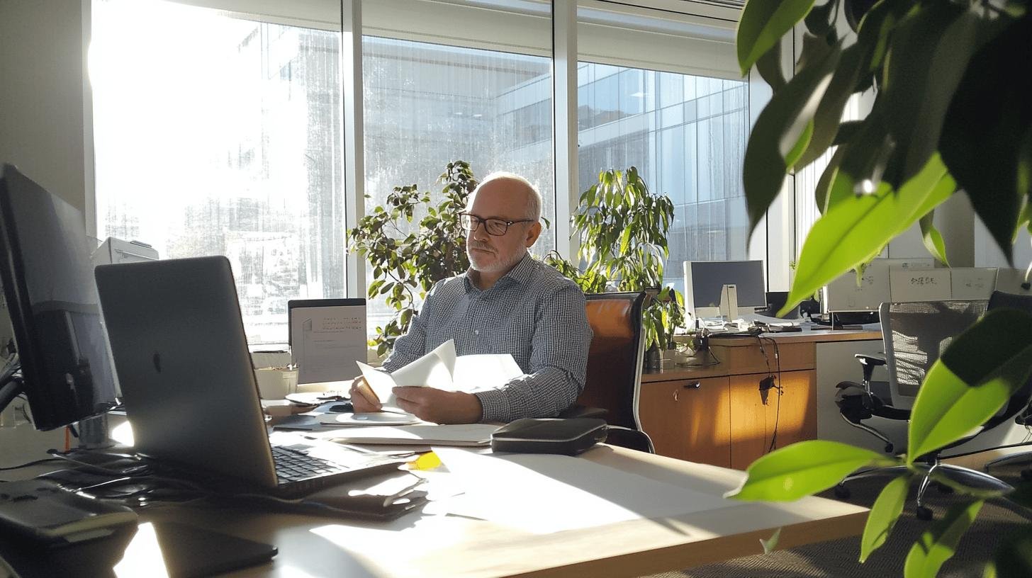 Business professional reviewing documents at desk, reflecting on principles of business ethics.