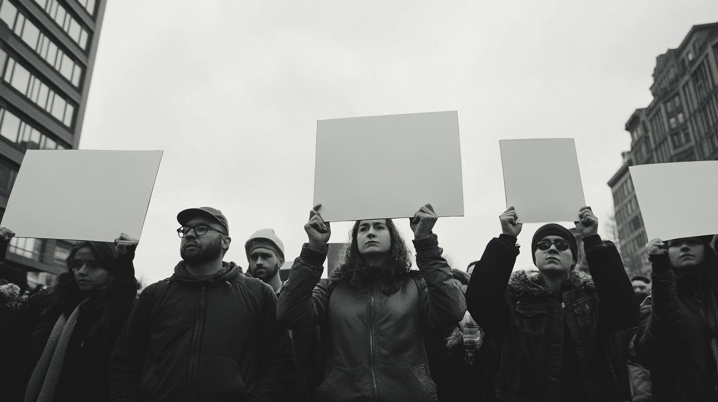 Protesters holding blank signs, representing 'Limits on Freedom of Speech'.