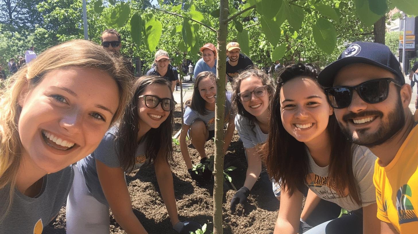 Smiling volunteers planting trees as part of organizations that give back to the community.