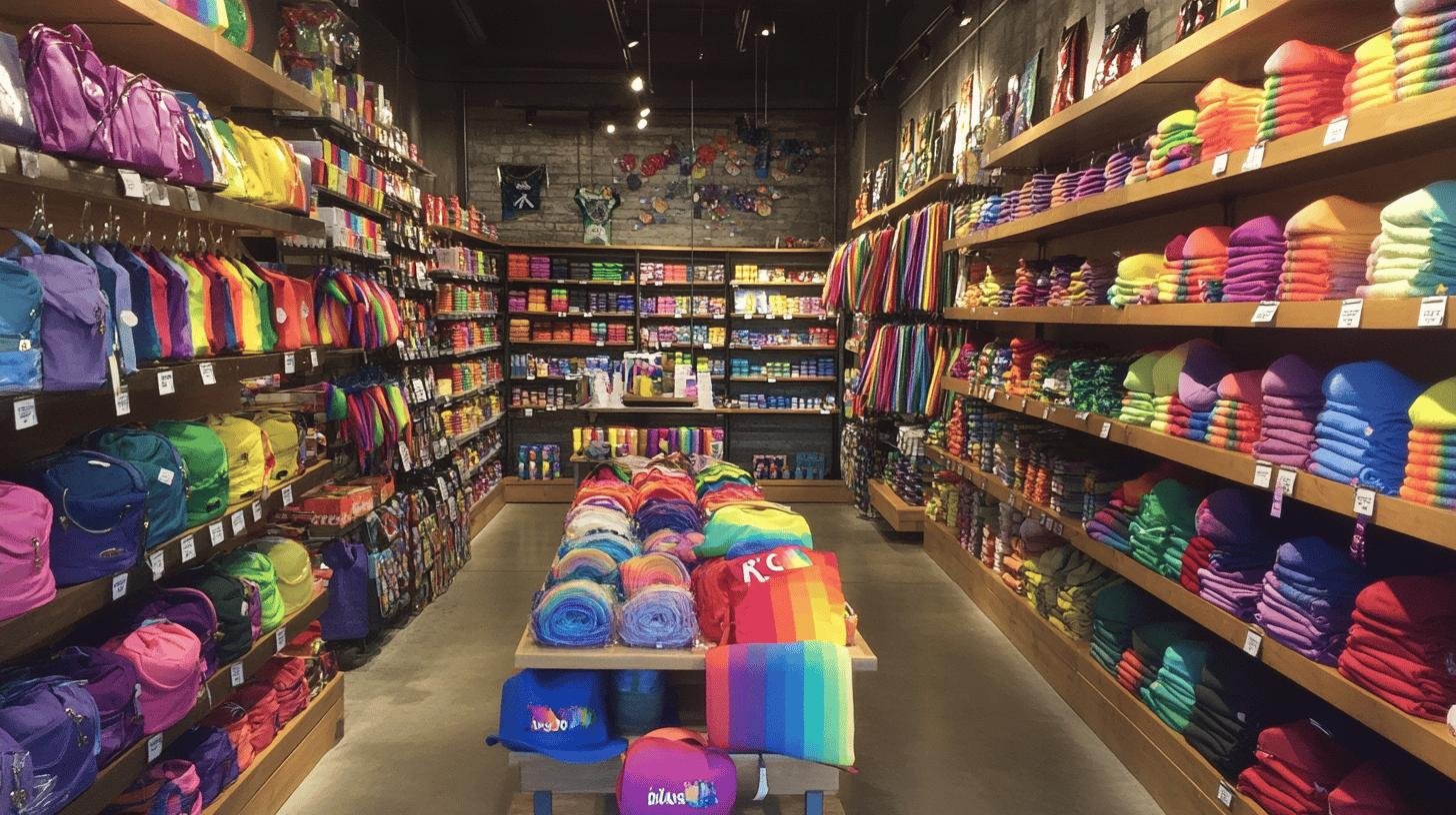 Store shelves filled with colorful Pride-themed merchandise, including rainbow designs and apparel.