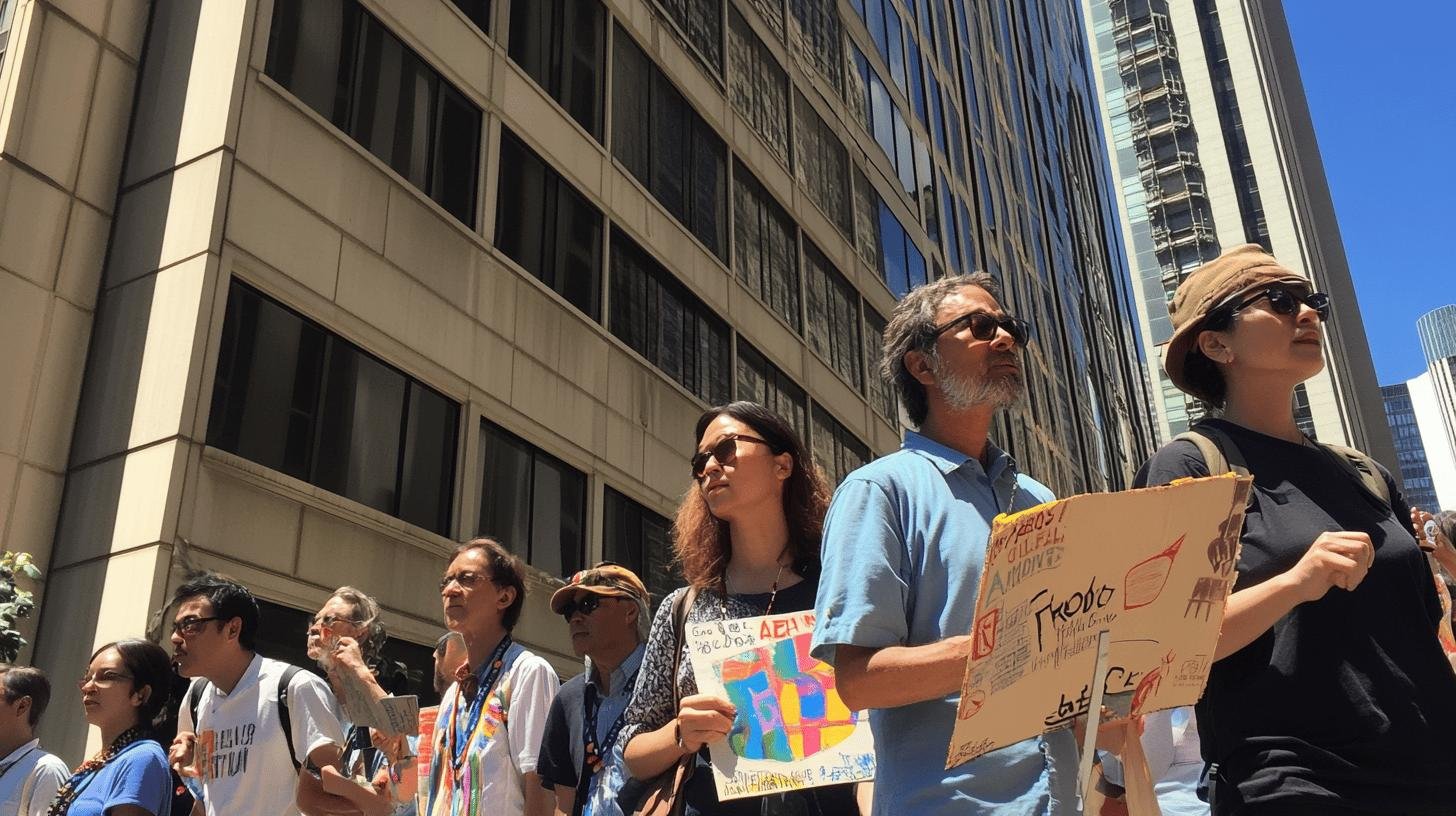 People gathering in a city protest, holding signs emphasizing that freedom of speech is important for society.