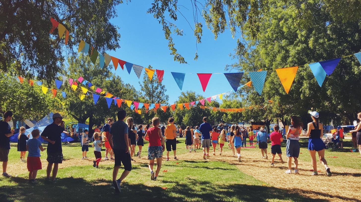 Community event with people gathering outdoors under colorful bunting, representing ways to give back to the community.