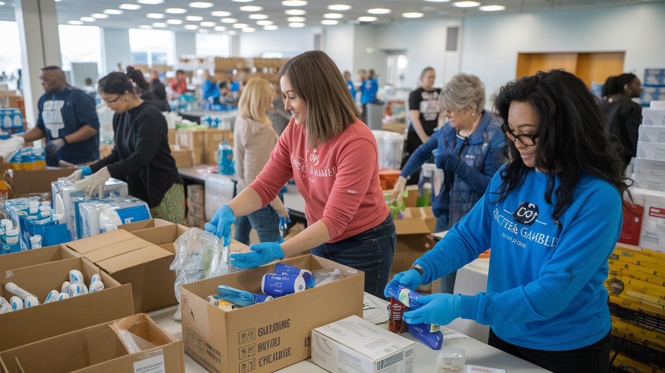 P&G employees volunteering for a social responsibility event, organizing sustainability kits – P&G Social Responsibility.