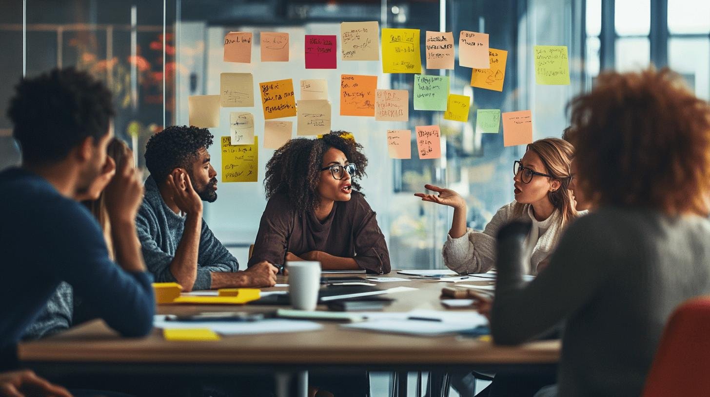 Team meeting discussing ideas with sticky notes on the wall, representing the 'Go Woke or Go Broke' business debate.