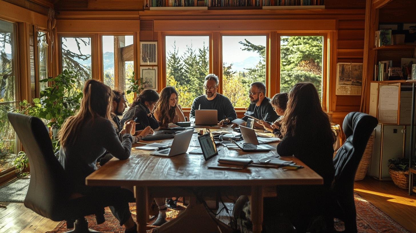 A family business meeting around a large table, symbolizing the structure of family business.