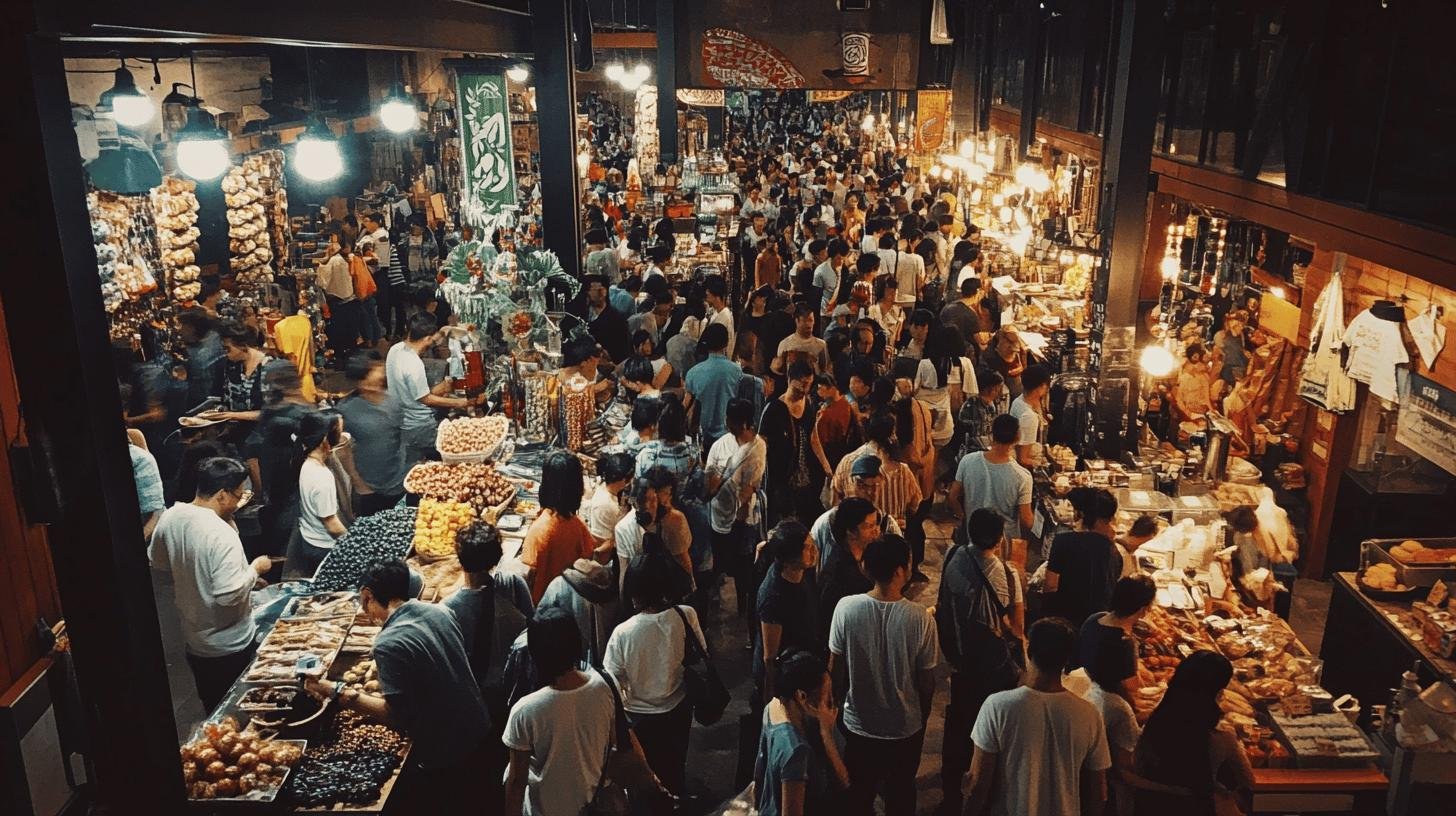 Crowded indoor market symbolizing economic liberty through free trade and minimal government intervention.