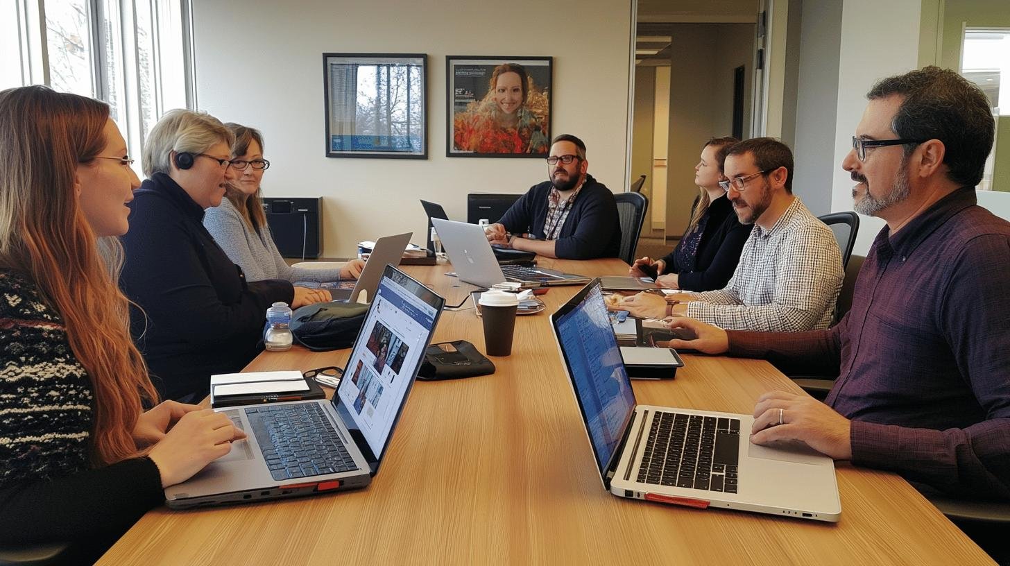 Tech startup ideas: Team discussing digital health solutions during a meeting with laptops in a conference room.