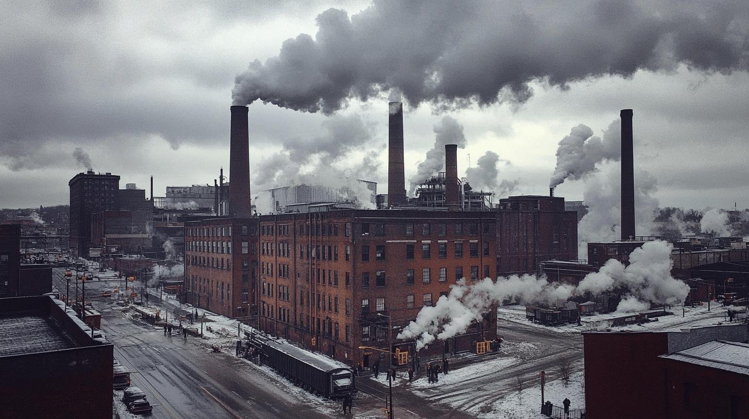 Industrial cityscape with smokestacks and pollution, illustrating the impact of a laissez-faire economic approach.