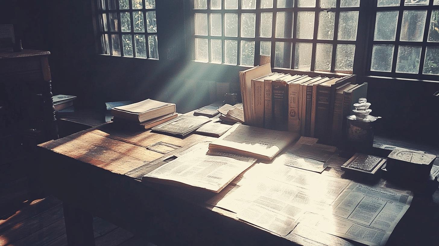 Vintage desk with books and documents, symbolizing the exploration of historical context in the 'Woke vs Politically Correct' debate.